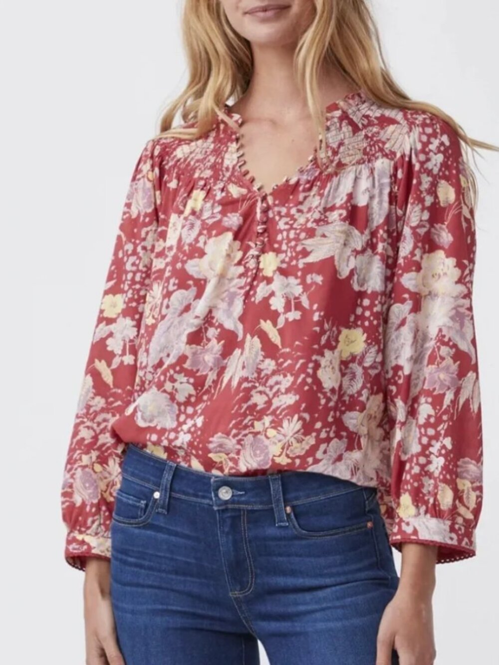 Paige smocked muted red jungle cat blouse - SM